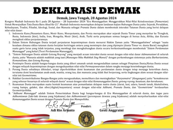 Naskah Deklarasi Demak (Kongres Mazhab Indonesia Ke-1 pada 28 Agustus 2024)